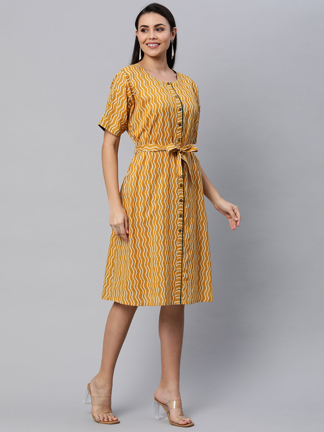 Udaan - Printed kimono sleeves cotton dress with front placket button detailing and belt