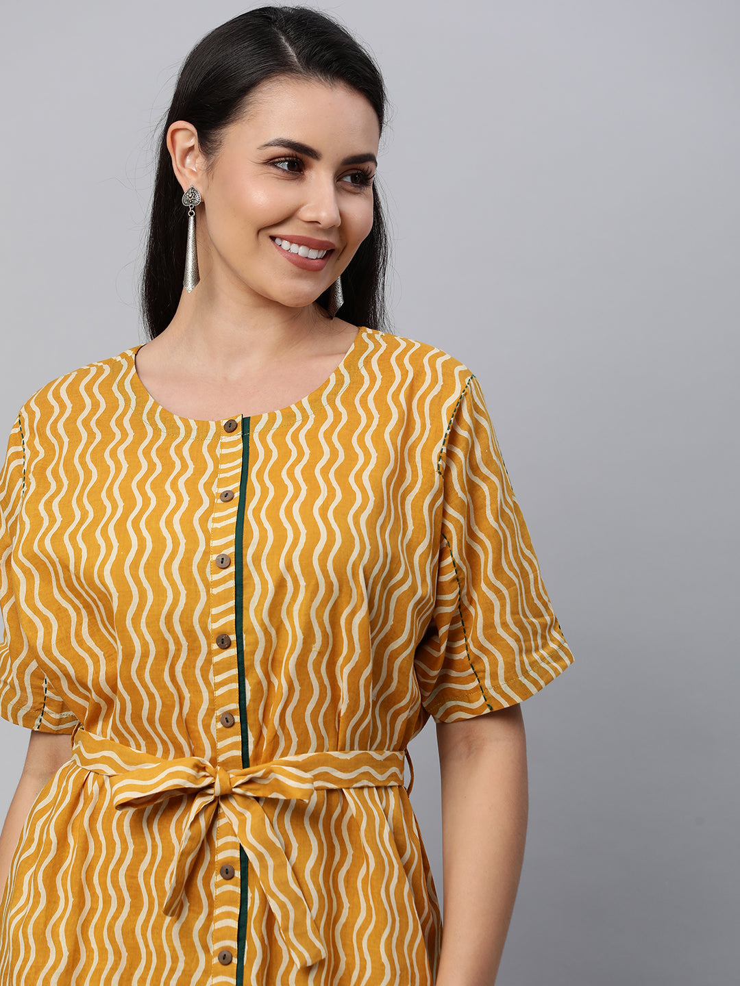 Udaan - Printed kimono sleeves cotton dress with front placket button detailing and belt