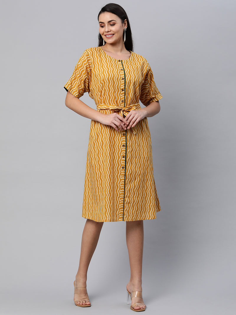 Udaan - Printed kimono sleeves cotton dress with front placket button detailing and belt