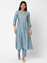 Flared foil print kurta with embroidery