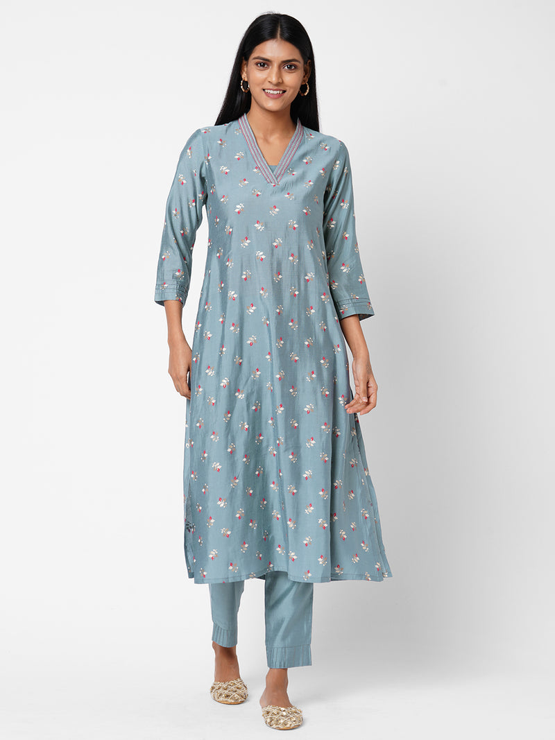 Flared foil print kurta with embroidery