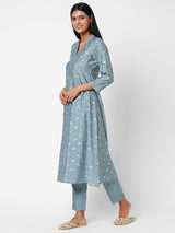 Flared foil print kurta with embroidery