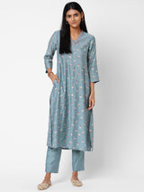 Flared foil print kurta with embroidery