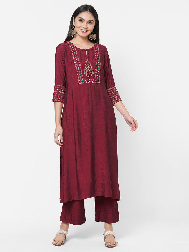 VAMA - Silk blend A line kurta with embroidery on yoke and sleeves