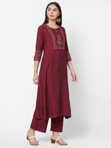 VAMA - Silk blend A line kurta with embroidery on yoke and sleeves