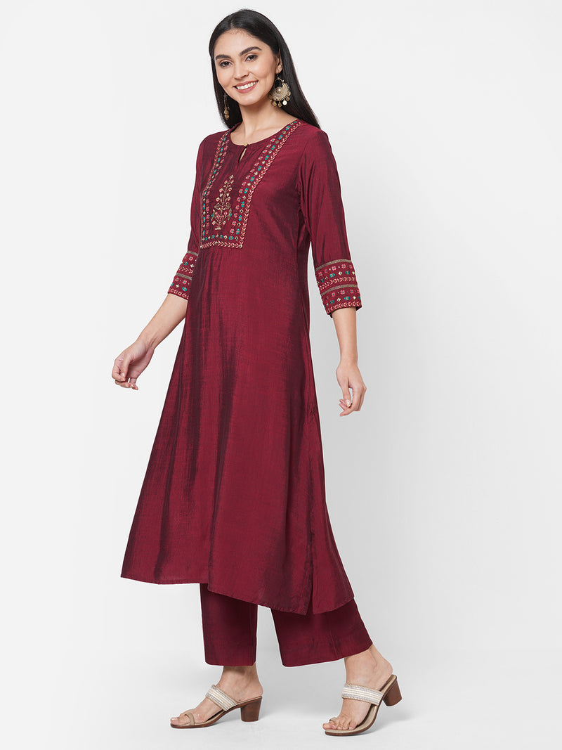 VAMA - Silk blend A line kurta with embroidery on yoke and sleeves