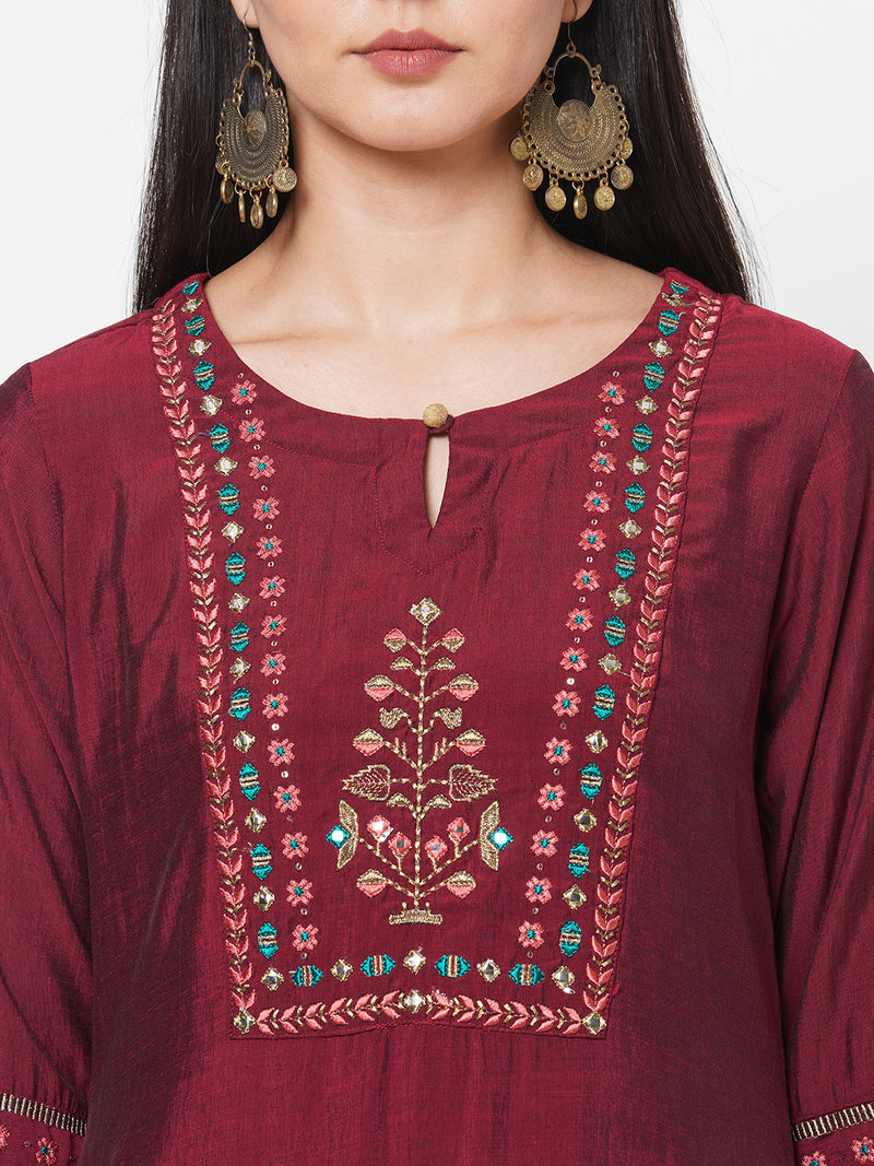 VAMA - Silk blend A line kurta with embroidery on yoke and sleeves