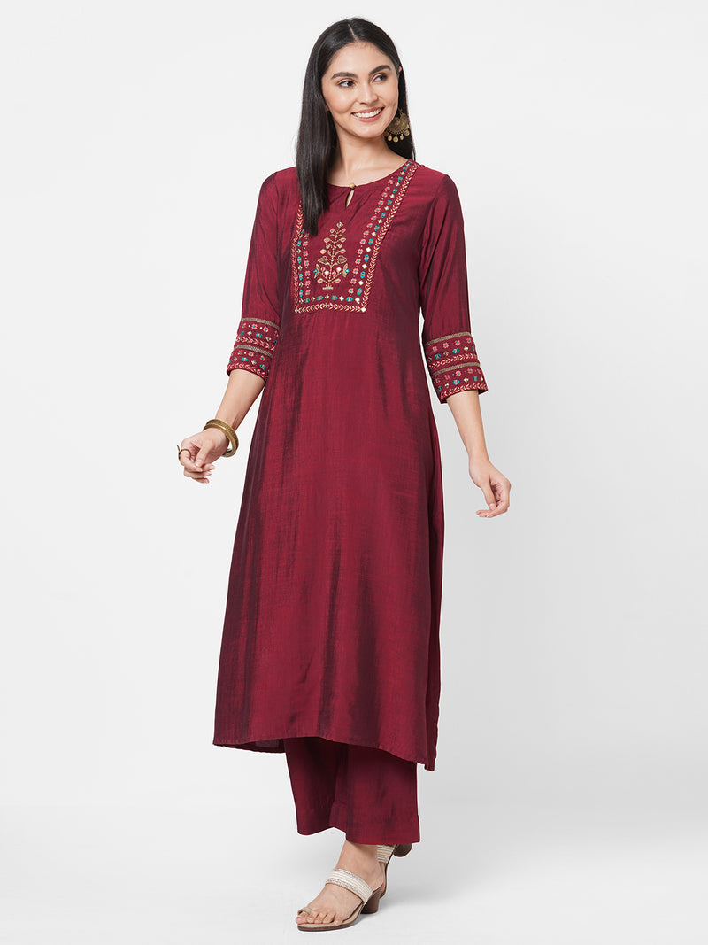 VAMA - Silk blend A line kurta with embroidery on yoke and sleeves