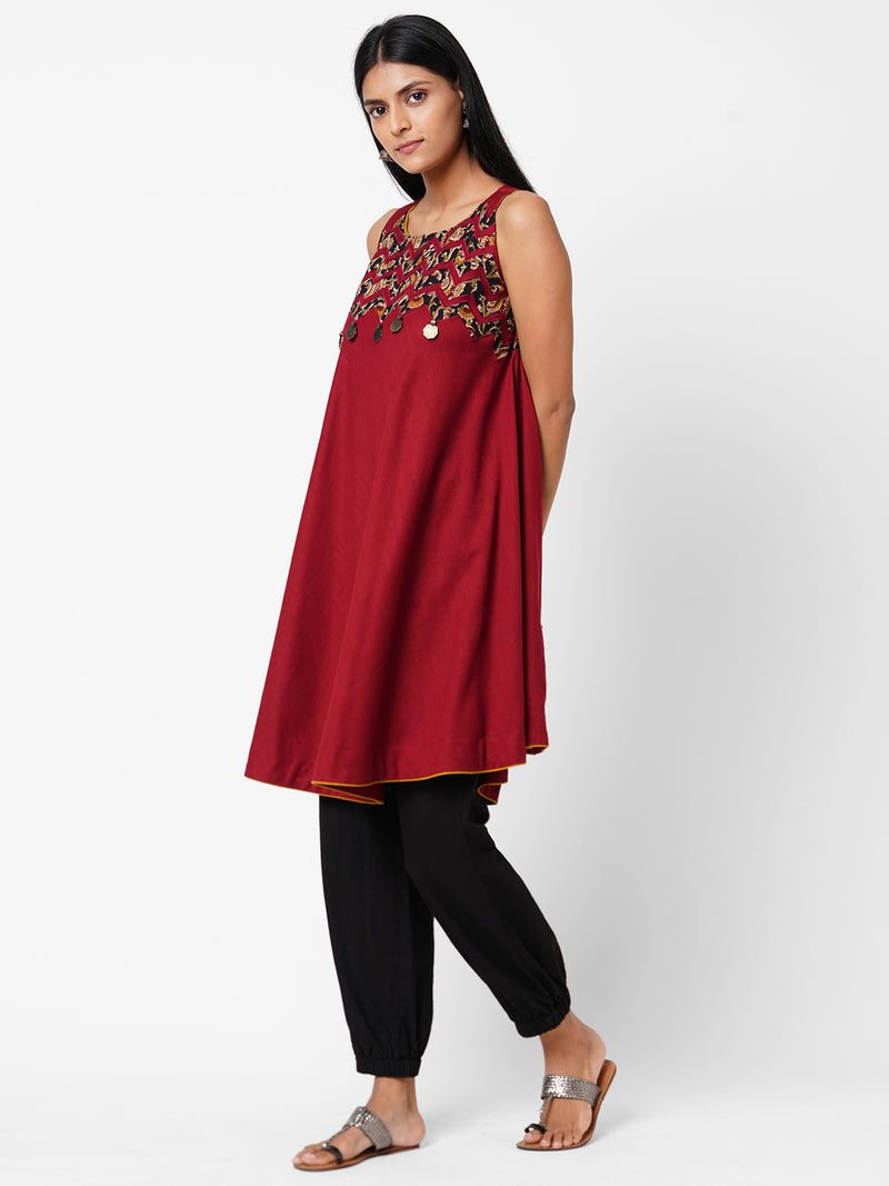 Cotton flared kurta with kalamkari applique embroidery