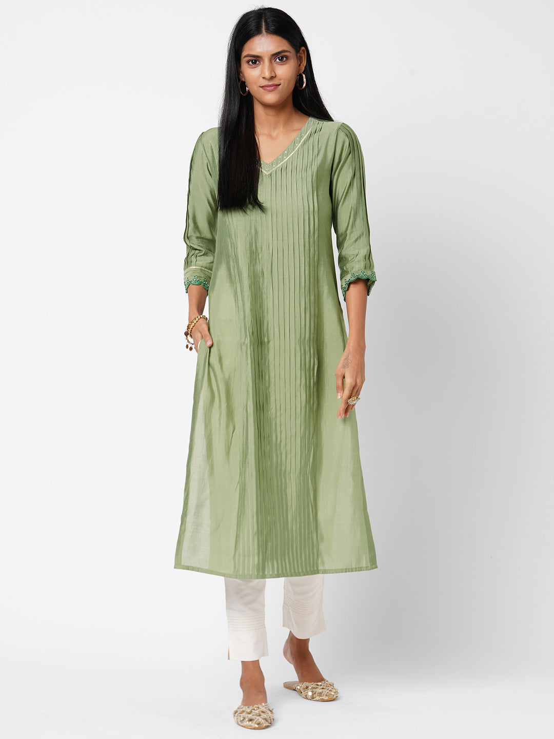 Party Edit- Silk blend pleated straight kurta