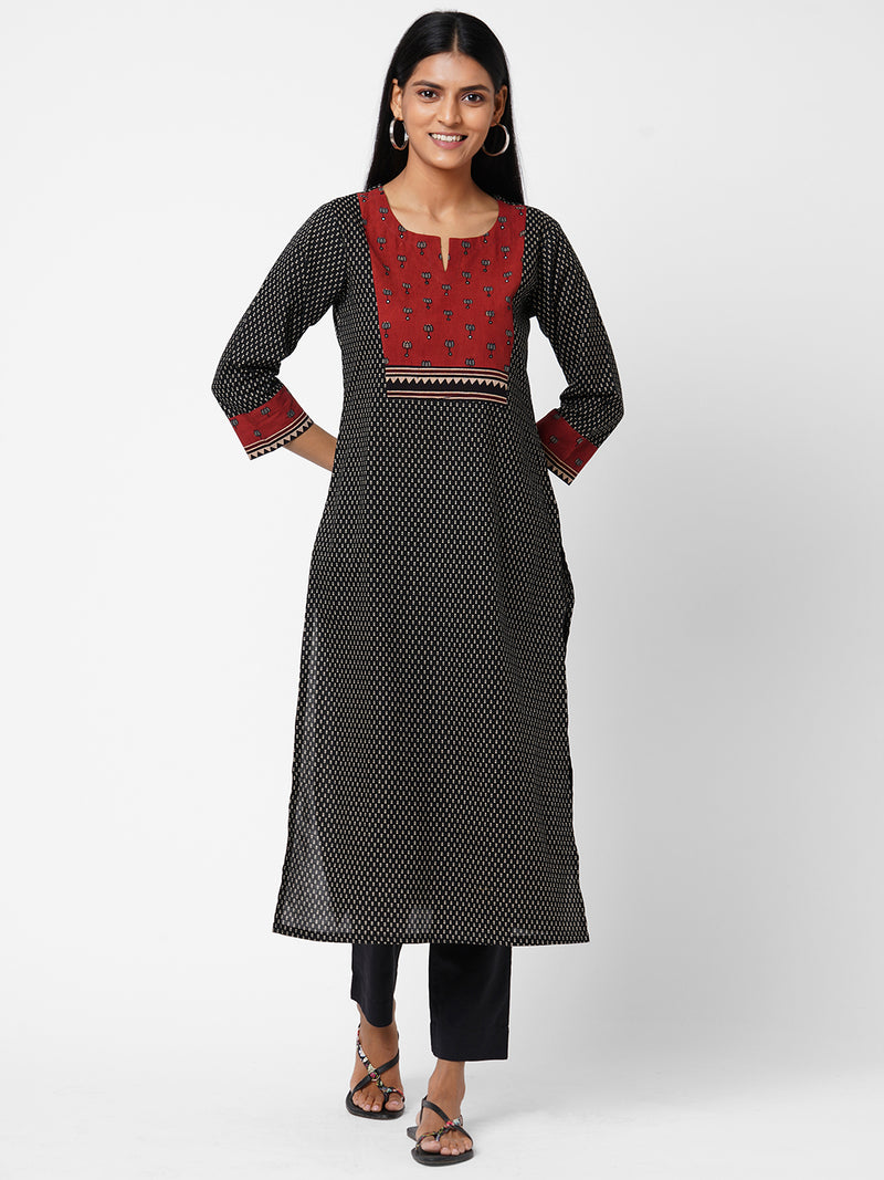 Cotton print Straight kurta with ajrakh print and mirror work yoke.