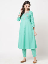 Casual cotton machine embroidered kurta with round neck