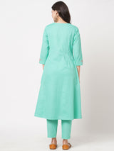 Casual cotton machine embroidered kurta with round neck