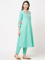 Casual cotton machine embroidered kurta with round neck