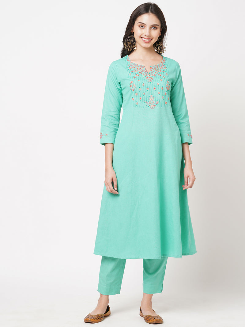 Casual cotton machine embroidered kurta with round neck