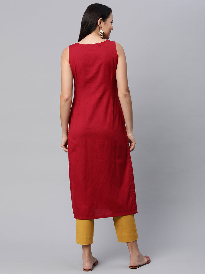 Straight fit sleeveless cotton kurta with hand embroidery