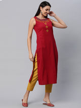 Straight fit sleeveless cotton kurta with hand embroidery