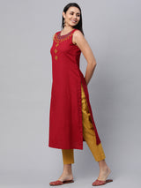 Straight fit sleeveless cotton kurta with hand embroidery