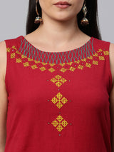 Straight fit sleeveless cotton kurta with hand embroidery