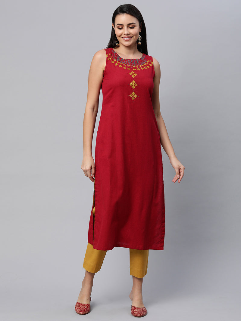 Straight fit sleeveless cotton kurta with hand embroidery