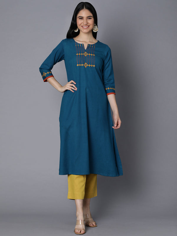 A line flex kurta with embroidery on neck and sleeves