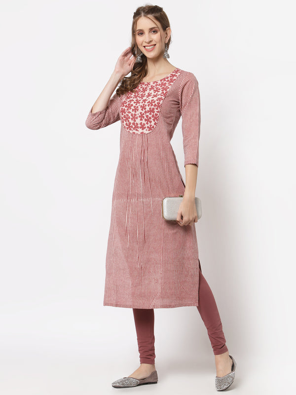 Straight cotton kurta with hand embroidery on the yoke