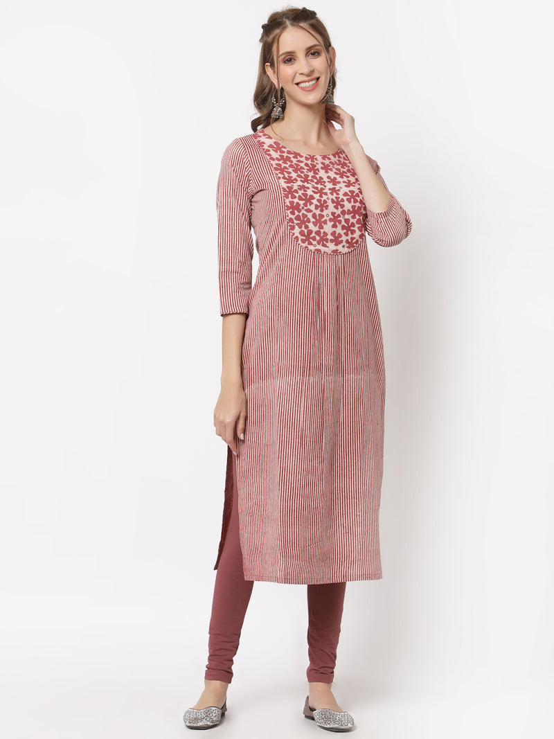 Straight cotton kurta with hand embroidery on the yoke