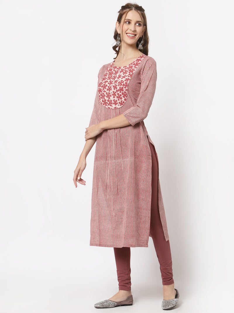 Straight cotton kurta with hand embroidery on the yoke