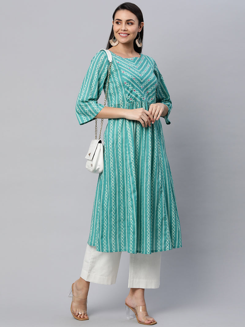 Flared printed cotton kurta with gather detailing