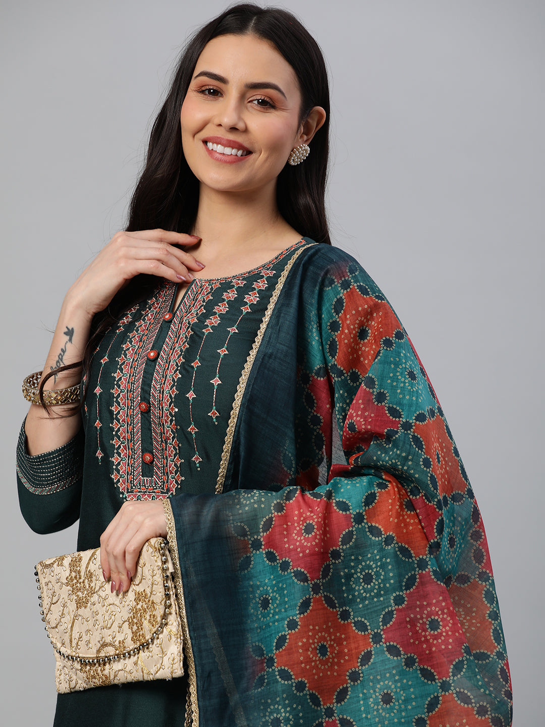 Party Edit- Embroidered silk blend kurta paired with pants and printed dupatta