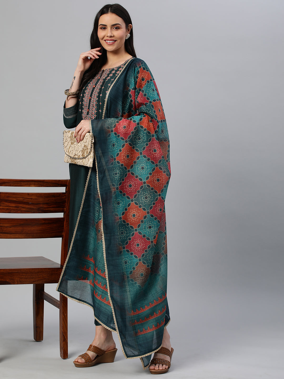 Party Edit- Embroidered silk blend kurta paired with pants and printed dupatta