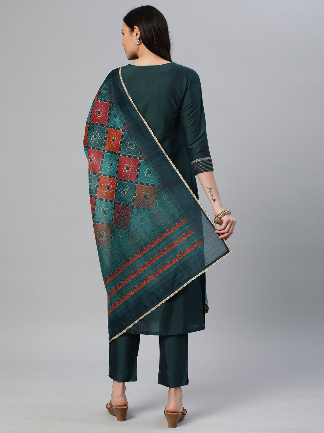 Party Edit- Embroidered silk blend kurta paired with pants and printed dupatta