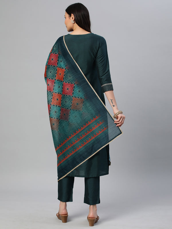 VAMA - Embroidered silk blend kurta paired with pants and printed dupatta.