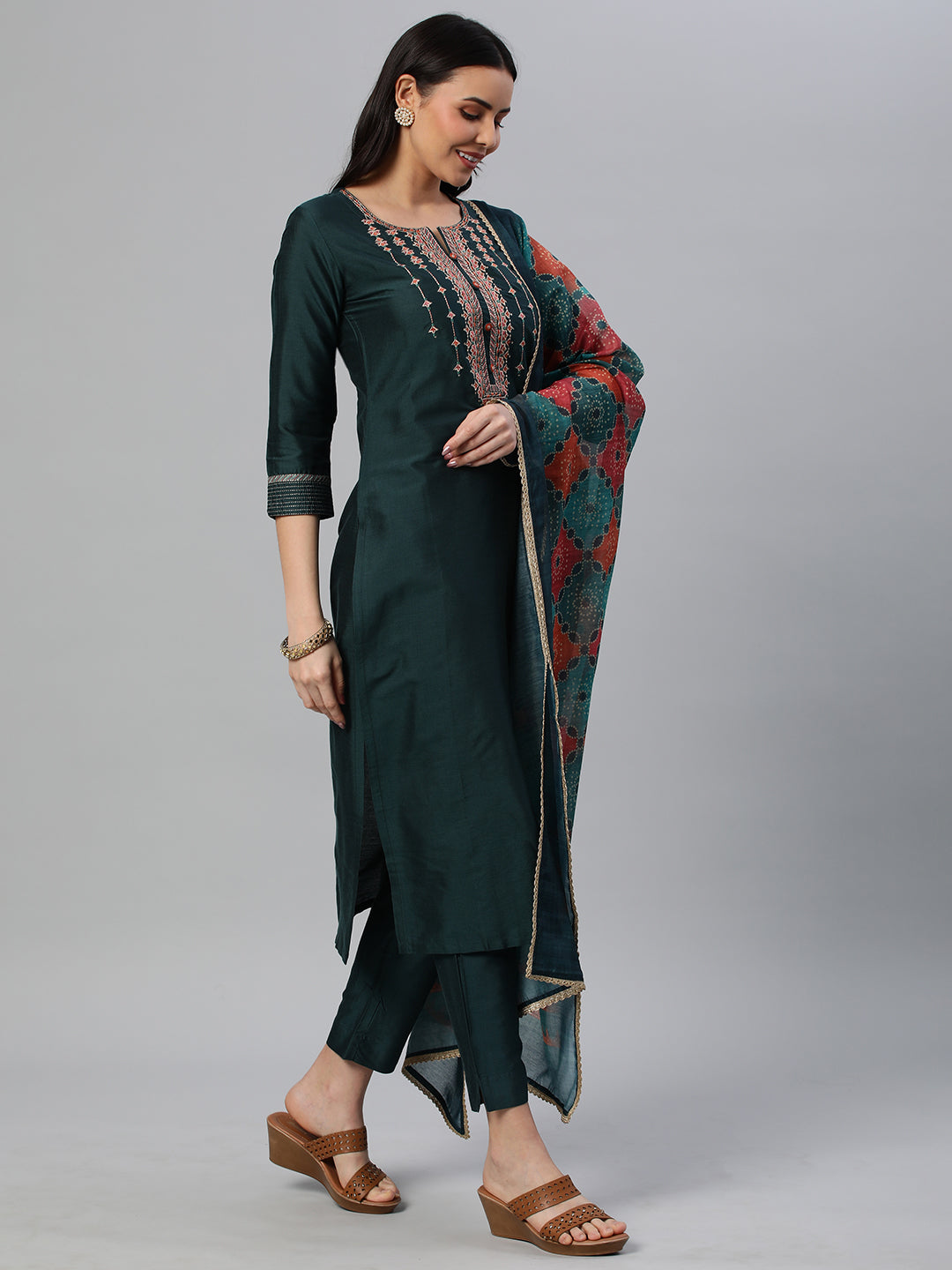 Party Edit- Embroidered silk blend kurta paired with pants and printed dupatta