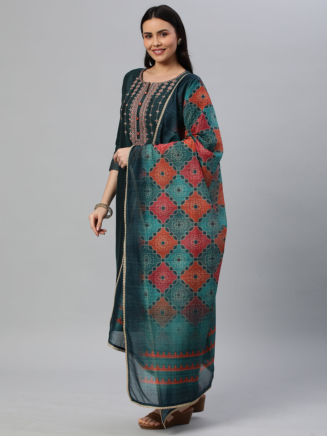 Party Edit- Embroidered silk blend kurta paired with pants and printed dupatta