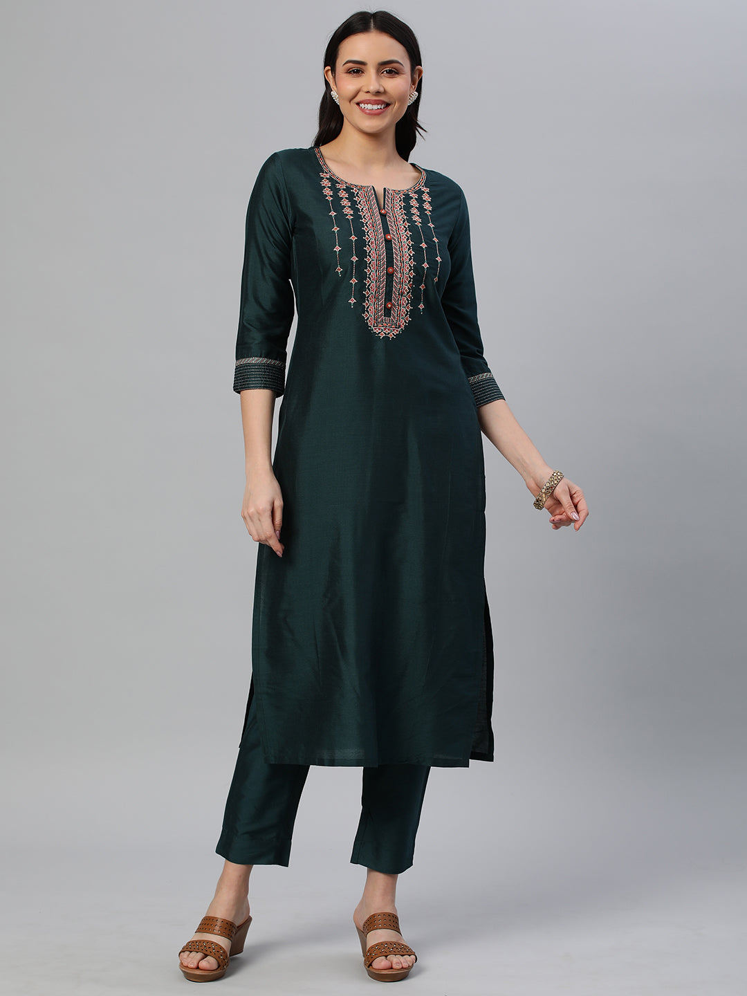 Party Edit- Embroidered silk blend kurta paired with pants and printed dupatta