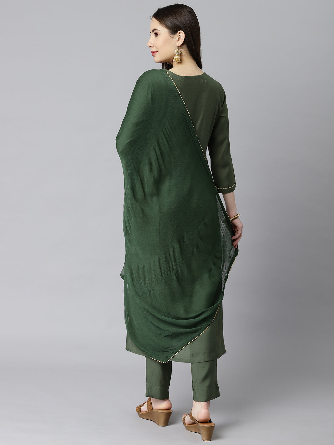 Party Edit- A line silk blend kurta with embroidered neck paired with dupatta and self tone bottom