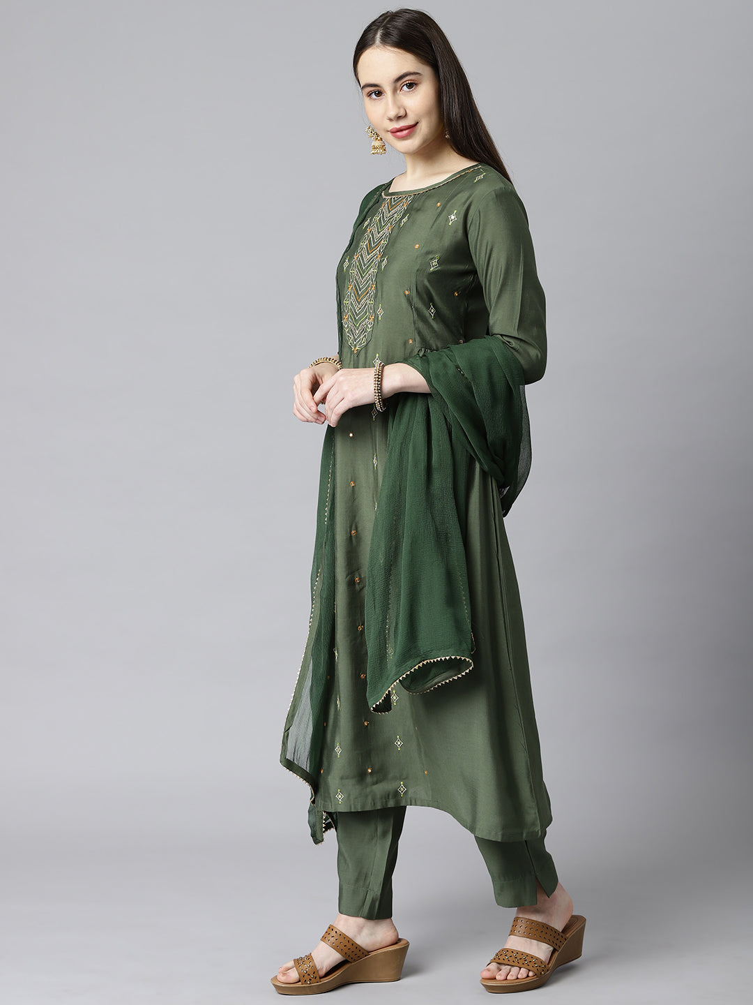 Party Edit- A line silk blend kurta with embroidered neck paired with dupatta and self tone bottom