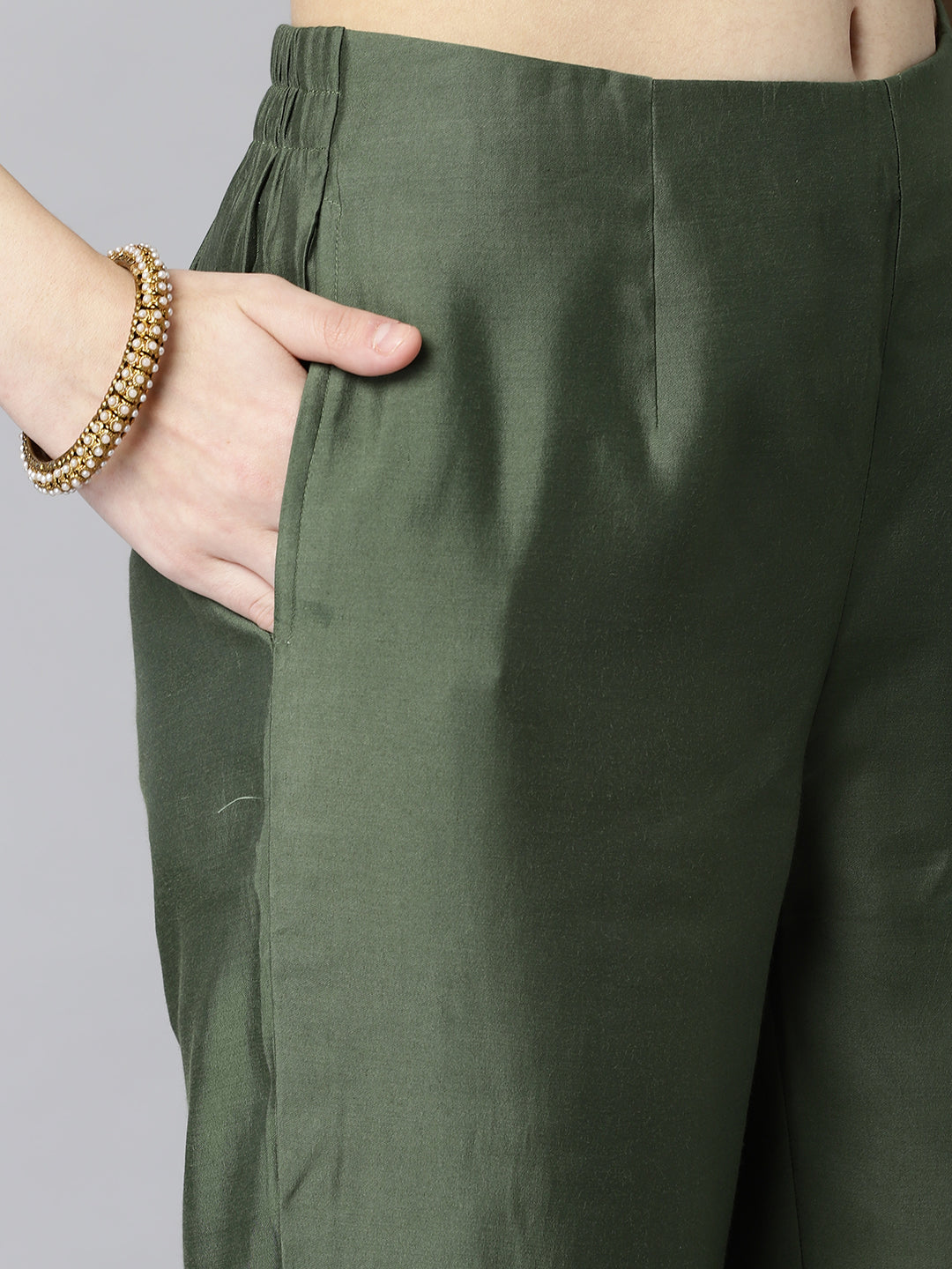 Party Edit- A line silk blend kurta with embroidered neck paired with dupatta and self tone bottom