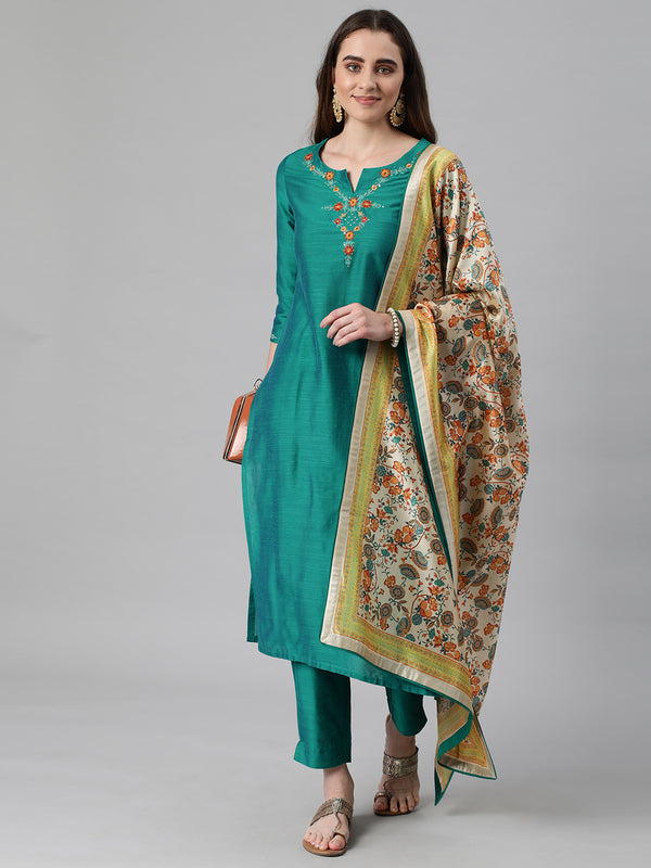 VAMA - Straight fit silk blend kurta with embroidered neck paired with printed dupatta and self tone bottom