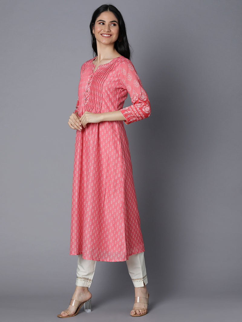 VAMA - Silk blend Pleated kurta with embroidered placket detailing