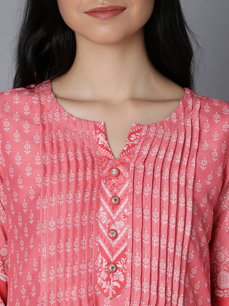 VAMA - Silk blend Pleated kurta with embroidered placket detailing