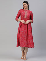 VAMA - Silk blend Flared kurta with embroidery on neck and gathering detail at waist