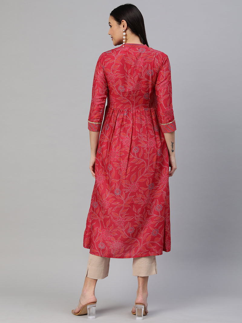 VAMA - Silk blend Flared kurta with embroidery on neck and gathering detail at waist