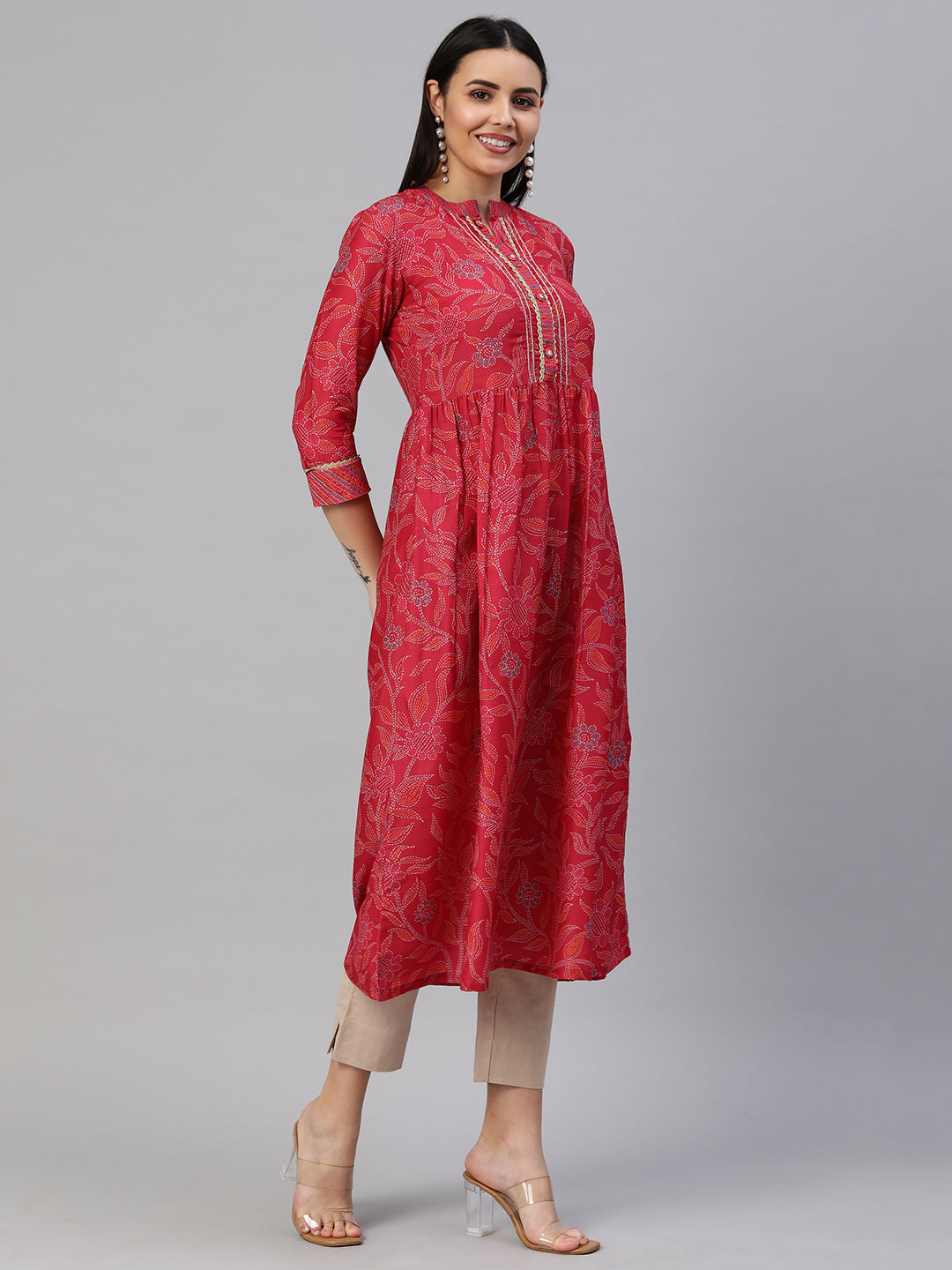 Party Edit - Silk blend Flared kurta with embroidery on neck and gathering detail at waist