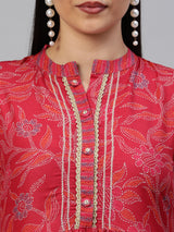 VAMA - Silk blend Flared kurta with embroidery on neck and gathering detail at waist