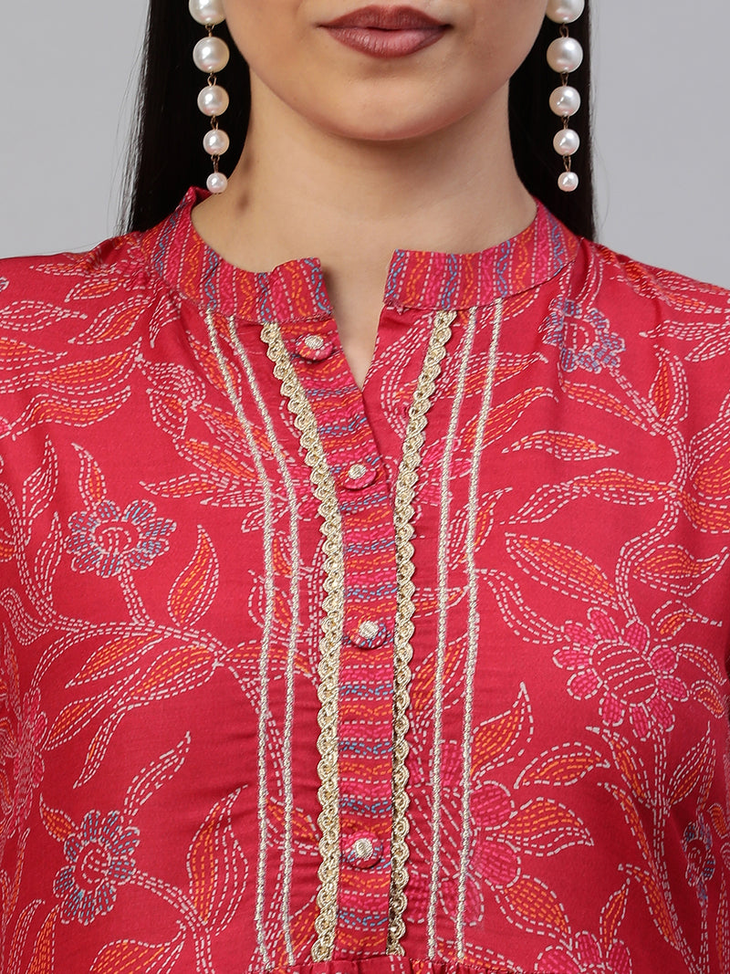 VAMA - Silk blend Flared kurta with embroidery on neck and gathering detail at waist