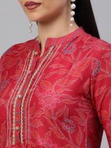 VAMA - Silk blend Flared kurta with embroidery on neck and gathering detail at waist