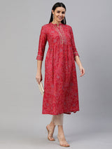 VAMA - Silk blend Flared kurta with embroidery on neck and gathering detail at waist