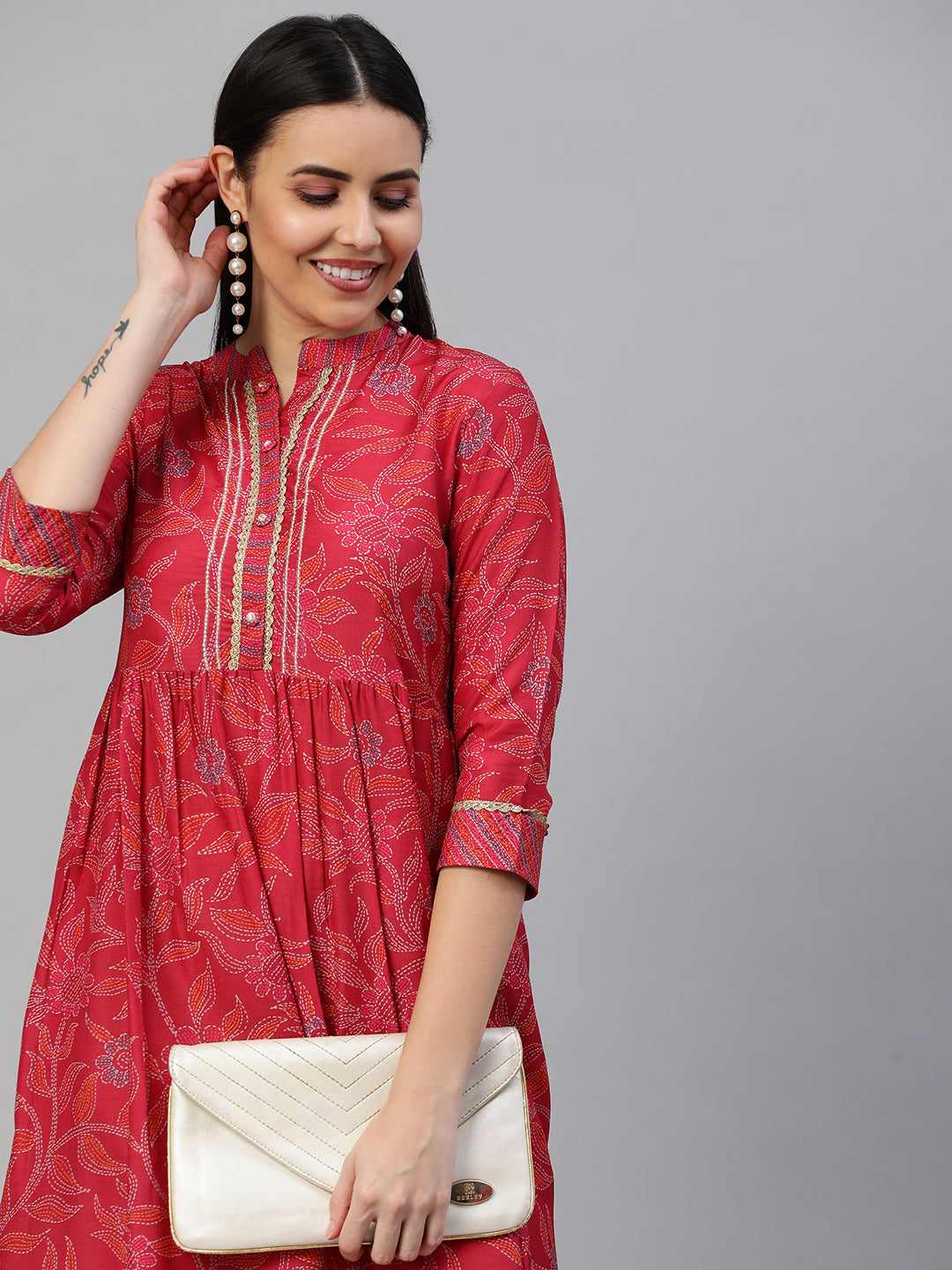 Party Edit - Silk blend Flared kurta with embroidery on neck and gathering detail at waist